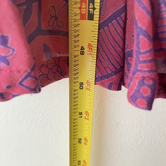 Vintage 70s Ruffle Collar Boho Prairie Dress Purple Batik Print Sheer Hippie - Picture 10 of 11